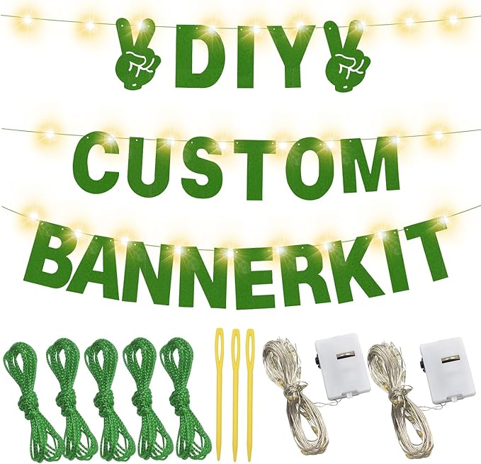 175Pcs DIY Custom Letter Banner Glitter Customizable Banner Kit DIY Happy Birthday Letters 0-9 Numbers Light Rope Personalized Banners Baby Shower Birthday Party Decorations Supplies(Dazzling Green)