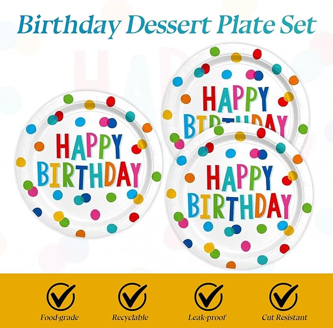 40PCS Happy Birthday Party Plates and Napkins, Happy Birthday Desserts Plates Disposable Rainbow Dots Tableware Supplies for Adults and Kids Party Decorations