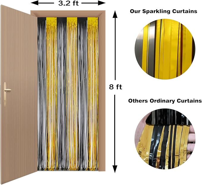 Melsan Black and Gold Fringe Curtain Photo Streamers Backdrop 3.2ft X 8ft for New Years EVE, Graduation, Retirement and Birthday Party Decorations - Pack of 2
