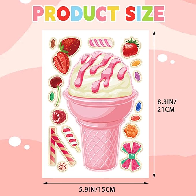 24 Sheets Ice Cream Make a Face Sticker Sheets for Kids Todders Activities, Make Your Own Stickers for Kids Birthday Party Favor Supplies Craft