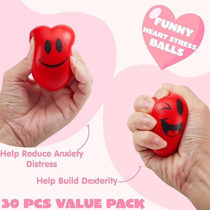 JOYIN 30 Pcs Valentine's Day Red Heart Shape Stress Ball, Valentines 1.5 inch Heart Ball Squishy Toy Exchange Gift for Kids, Stress Relief Party Favors, Holiday Reward Prizes