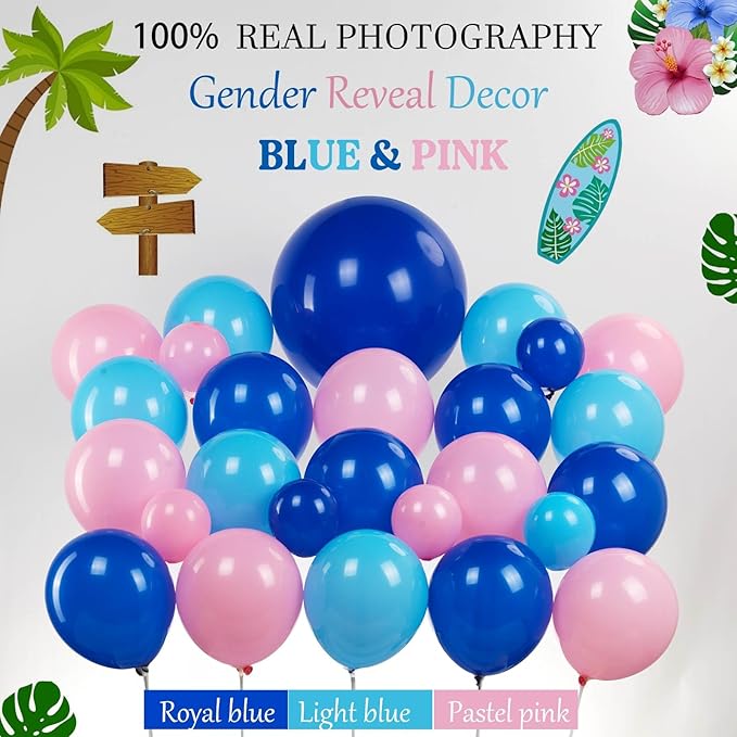 Pastel Blue and Pink Balloon Garland Arch Kit 132Pcs royal blue and baby pink Balloons for Summer Hawaii gender reveal Baby shower Hawaii cartoon halloween trunk or treat birthday party decorations