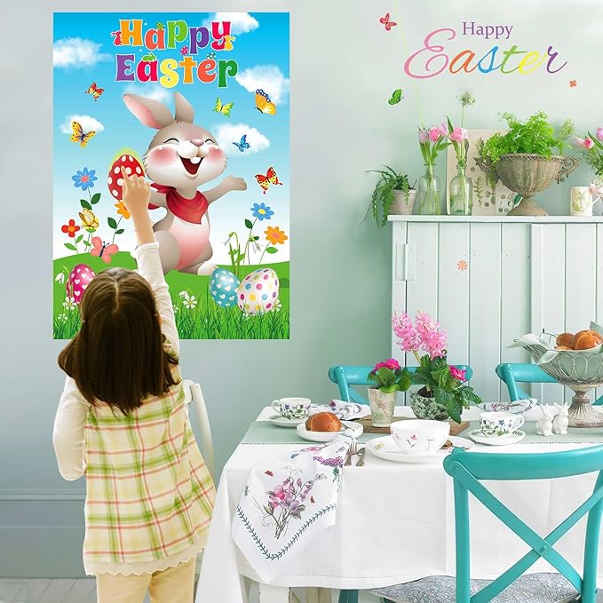 AUGSUN Pin The Tail on The Bunny Easter Games Easter Rabbit Games with 24 Stickers for Easter Party Decorations, Easter Egg Hunt Activities Happy Easter Party Favors Supplies