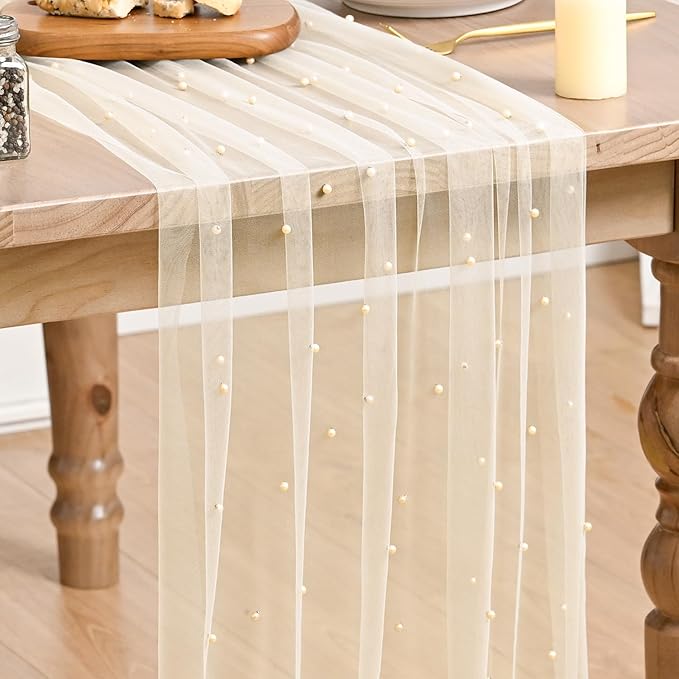 Artoid Mode 6PCS Pearl Champine Gauze Table Runner 120 Inch 10FT, Seasonal Sheer Dining Holiday Wedding Birthday Baby Shower Table Decor for Home Party