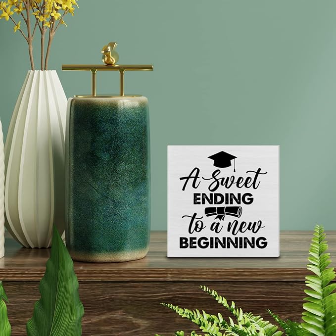 Graduation Wood Box Sign Decor Desk Sign Graduate a Sweet Ending to a New Beginning Wooden Box Block Sign Rustic Home Graduation Party Decoration Grad Gift