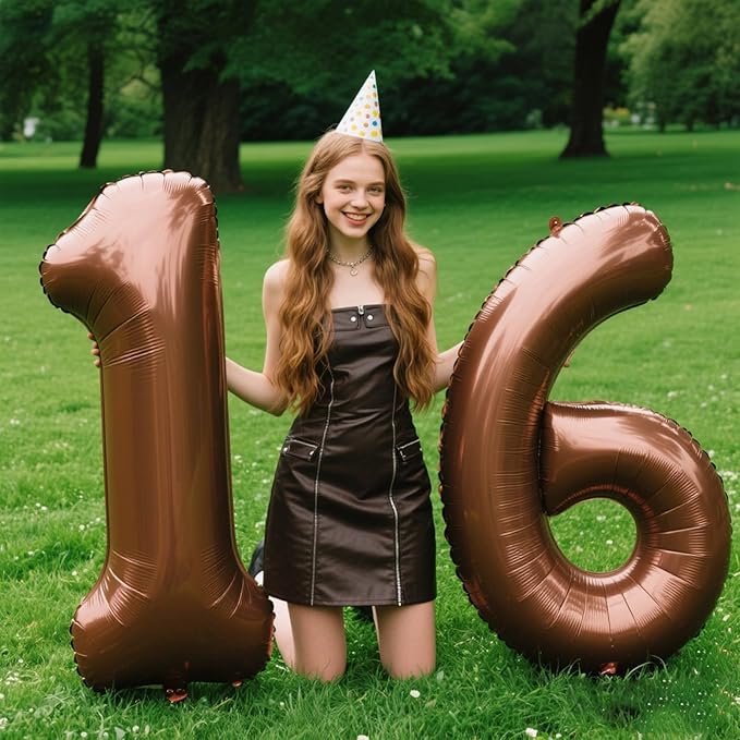 40 Inch Dark Brown Balloon Number 16,Chocolate Jumbo Mylar Foil Helium Balloon for 16th Digital Balloons for Birthday Party,Wedding Anniversary Party Decorations