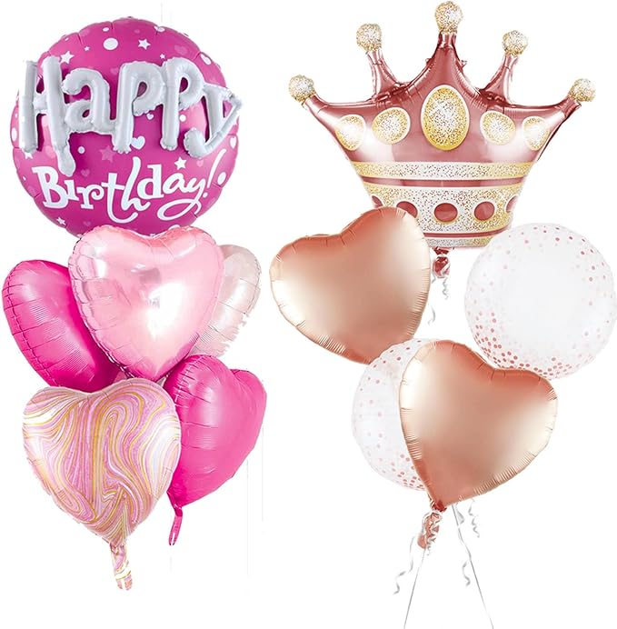Rose Gold Crown Mylar Balloons And Pink Birthday Large Round Mylar Balloons Set For Birthday Decorations For Women