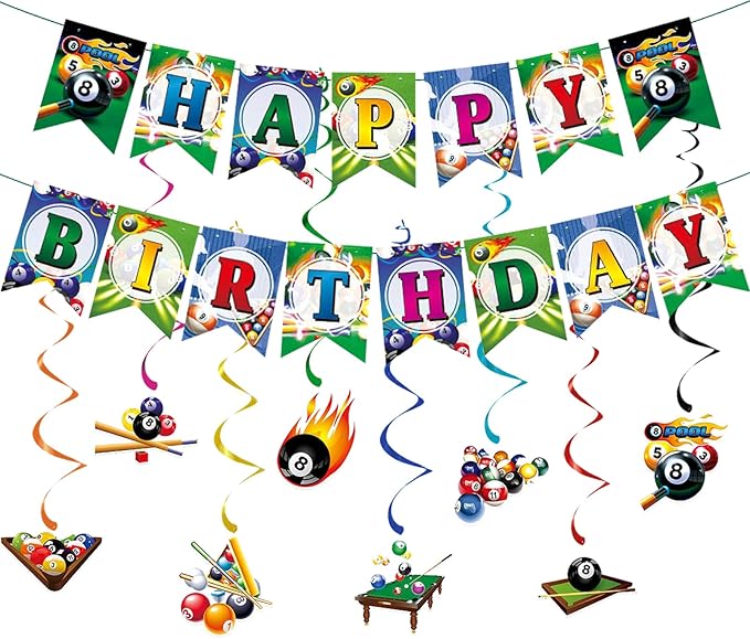 Zwiebeco Multicolored Billiards Happy Birthday Banner Bunting Hanging Paper Swirls Garland Party Decorations for Boys Girls Womens Mens Adults Billiards Sports Themed Bday Decor Accessories Supplies