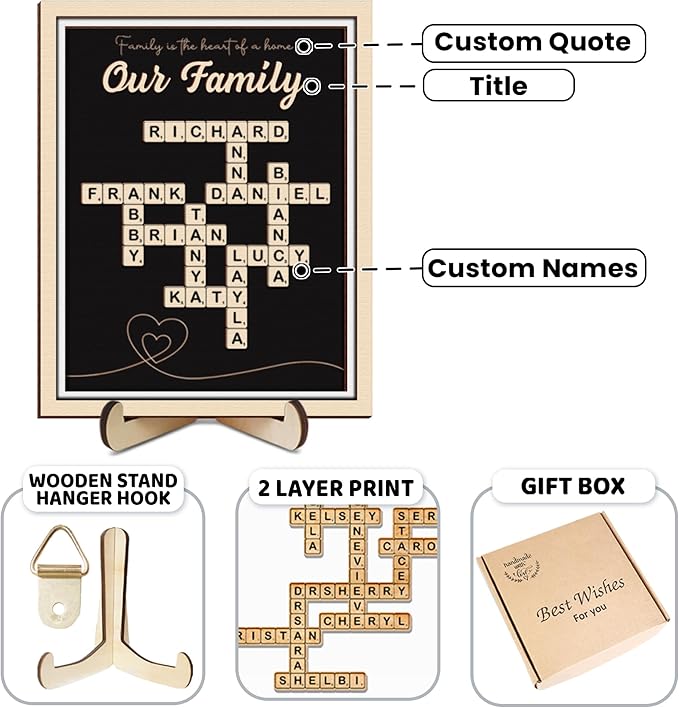 Custom Scrabble Family Name Frame Gifts from Daughter Nana Scrabble Puzzle Sign Wall Art, Grandkid Crossword Tiles Plaque, Letter Sign with Pet Dog & Cat Names, Mothers Day Birthday Gifts for Mom, Kids, Families Wall Decor