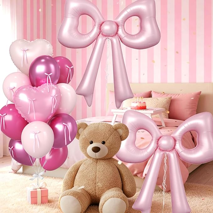 Pink Heart and Bow Balloons, 38 Inch Bow Balloons, Hot Pink Metallic Balloon Helium with Bow Ribbons for Anniversary Engagement Birthday Wedding Bridal Baby Shower Valentines Day Decorations