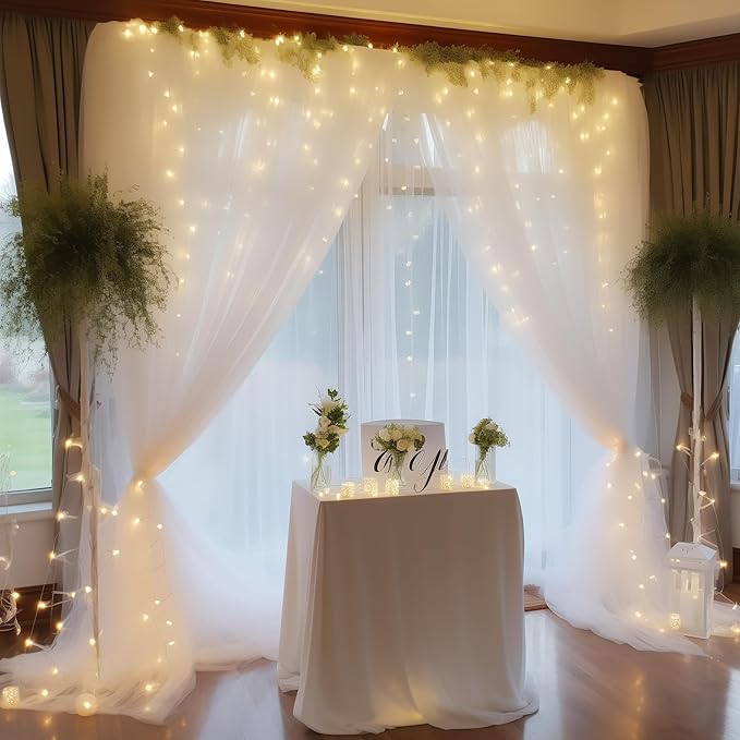 10ft x 8ft White Backdrop Curtains with Lights String for Parties, Sheer Tulle Wedding Photo Backdrops Drapes for Baby Shower Birthday Party Decorations Background for Photography