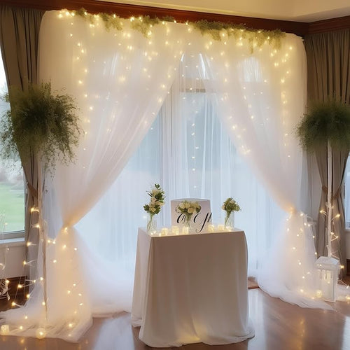 10ft x 8ft White Backdrop Curtains with Lights String for Parties, Sheer Tulle Wedding Photo Backdrops Drapes for Baby Shower Birthday Party Decorations Background for Photography