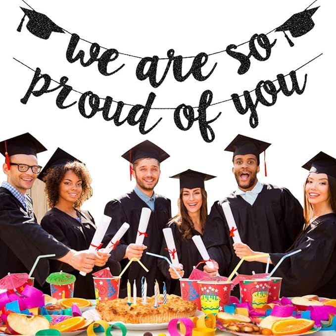 2026 Graduation Banners Party Decorations, Black Glitter We are So Proud of You Graduation Banners Garland for Congratulation Graduations Party Supplies, School, Home, Car Decorations