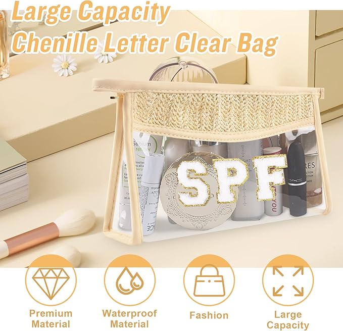 Iqimott 2Pcs Boho Patch SPF Bag Clear Makeup Letter Bag, Waterproof Zipper Make up Bags Toiletry Pouch for Women Girls, Clear Letter Patch Cosmetic Bags Transparent Organizer Pouch for Travel(SPF)