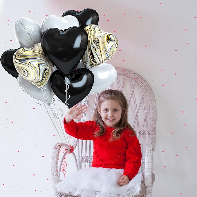 Black White Foil Heart Balloons, 10PCS Black White Agate Heart Shape Balloons, Valentines Balloons 18inch Black Foil Balloon for Helium Valentine Decorations for Wedding, Baby Shower, Anniversary