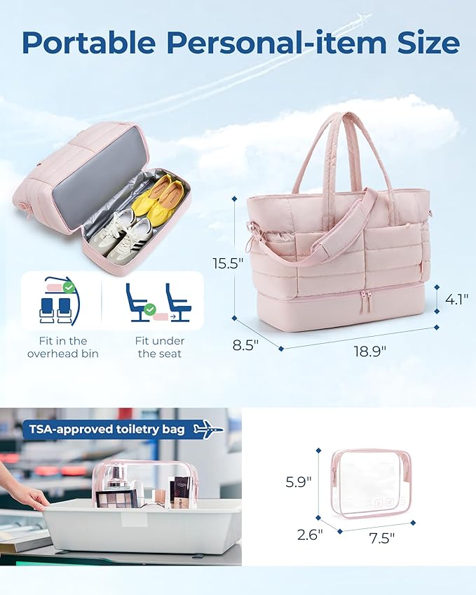 BAGSMART Large Travel Duffel Bag with Shoe Compartment, Puffer Carry-On Gym Weekender Bag for Women, Tan