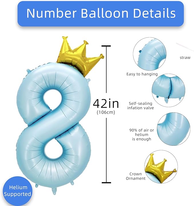 AULE 40 Inch Big Light Blue 8 Balloon Number with Crown Large Foil Helium Number Balloons 0-9 Jumbo Giant Happy 8th Birthday Party Decorations Huge Mylar Anniversary Party Supplies