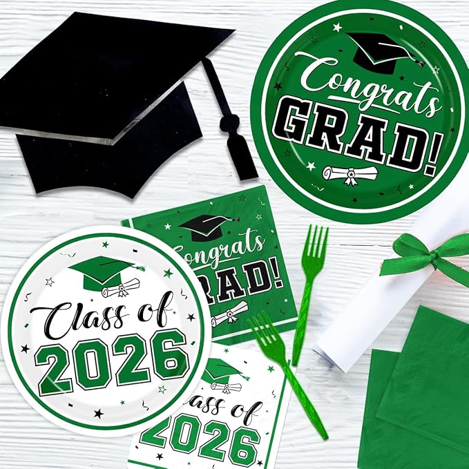 Graduation Party Plates and Napkins Green Class of 2026 Grad Congrats Party Supplies Disposable Dessert Paper Plates Cocktail Napkins forGraduation Party Decorations,Serve 50