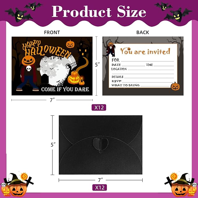 SICOHOME Halloween Party Invitation Card for Kids Adults - 12pcs 5"x 7" Halloween Invitations with Envelopes Fill In Blank Invites for Scary Spooky Themed Party Birthday Baby Shower