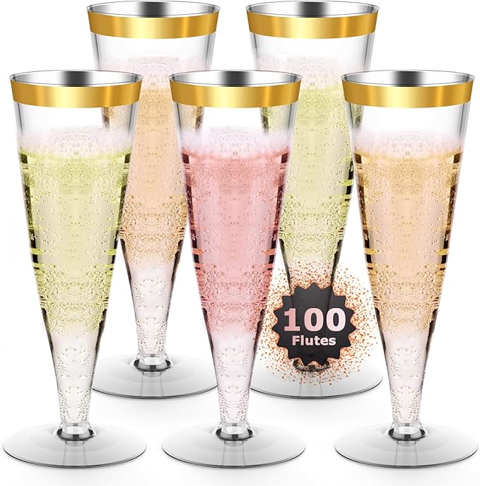 100 Pack Plastic Champagne Flutes Gold Rim Disposable Wine Glasses, 4.5 Oz Mimosa Cocktail Toasting Cups Bulk for Women's Day Party Supplies Wedding Bar, Copas De Plastico Para Brindis