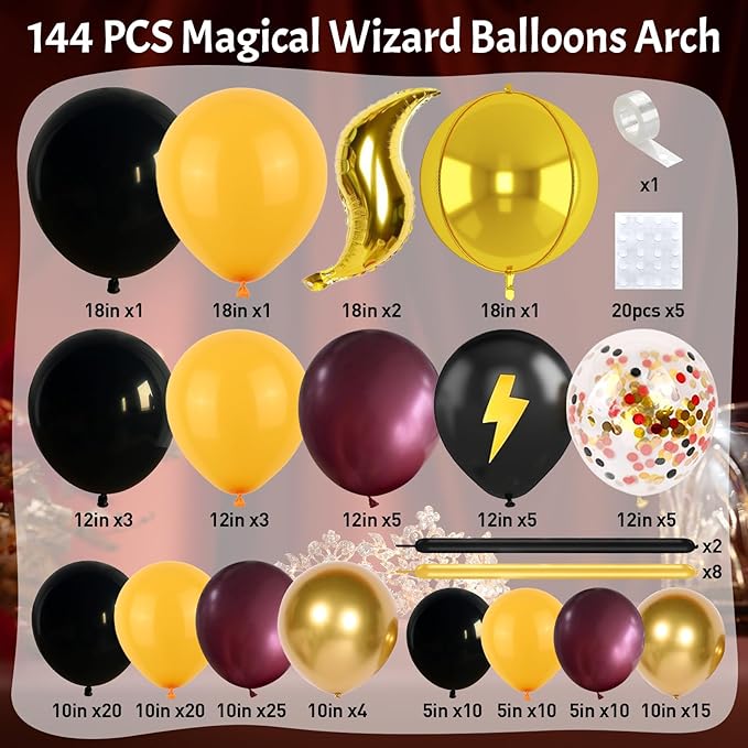 144PC Magic Balloons Arch Kit, Burgundy Black Gold Balloon Garland with DIY Broom Golden Sphere Foil Balloons, Maroon Mustard Yellow Confetti Balloon for School Birthday Decorations Party