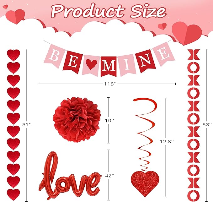 Red Valentine's Day Decoration Set, BE MINE Banner, Love Heart XO Garlands, Rose Petals, Hanging Swirls, Foil Love Balloons For Party Home Classroom Wedding Bedroom Office