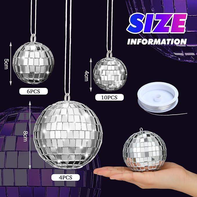 MTLEE 20 Pcs Disco Balls Decoration Mirror Disco Ball Assorted Silver Hanging Mini Glass Different Sizes Reflective with Rope for 70s Wedding Dance Music Prom Props(3.9 Inch, 3.15 Inch, 2 Inch)