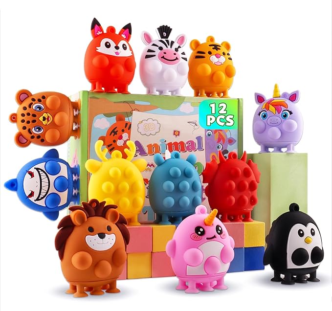 Easter Basket Stuffers for Toddler,12 PCS Party Favors for Kids, Silicone Animal Pop Fidget Toys with Suction, Treasure Box Toys, Goodie Bag Stuffers, Prizes for Kids, Pinata Stuffers