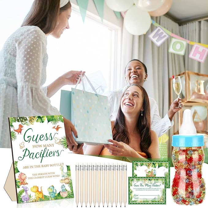 Syhood Dinosaur Baby Shower Game Guess How Many Pacifiers Games Sign 50 Small Guessing 20 HB Pencils 750 ml Milk Bottle 400 Acrylic Pacifiers Decorations Guests Gender Reveal Party Favors