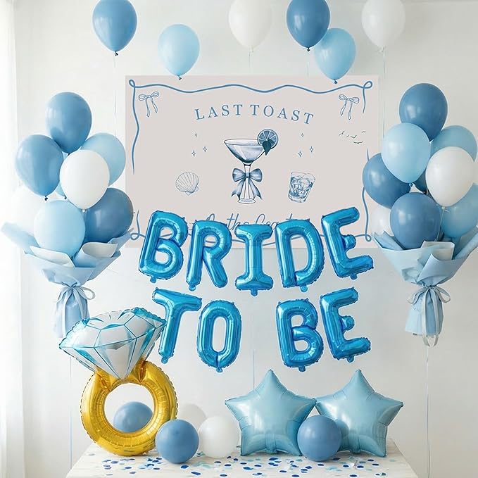 Last Toast on the Coast Bachelorette Decorations Blue bridal shower Blue Balloon Garland Kit with Backdrop BRIDE TO BE letter Diamond Ring balloons for Hen Party Wedding Engagement supplies