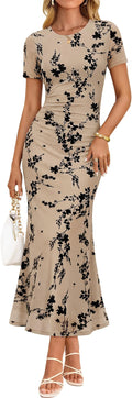 ZESICA Women's Summer Floral Bodycon Long Dress 2026 Ruched Mesh Formal Cocktail Party Wedding Guest Maxi Dresses