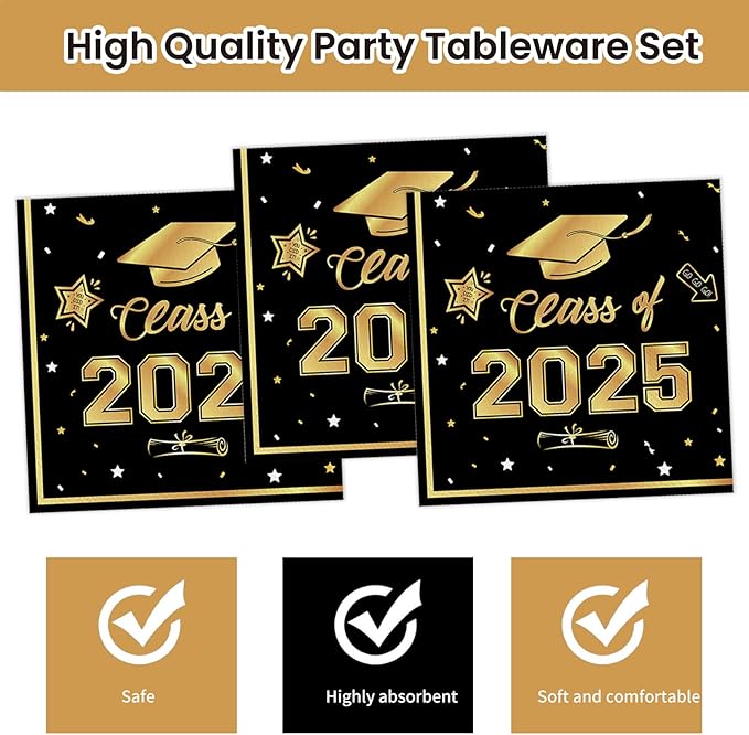 40Pcs Graduation Plates and Napkins 2025 Party Supplies, Class Of 2025 Disposable Black Gold Tableware Set for Congrats Grad Party Decorations (Graduation)