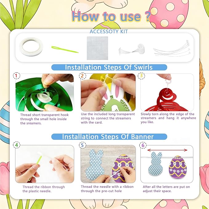 45 Pcs Happy Easter Banners Garland Easter Decorations for Office Home School Classroom Bunny Egg Hanging Decor Supplies for Egg Hunt Party Favors