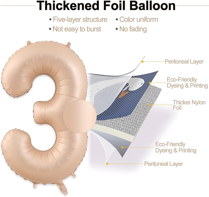3 Balloon, Number 3 Balloon, 3 Balloon Number 40 Inch, Beige Large Big Foil Number Balloons for Birthday Party Graduation Wedding Anniversary Baby Shower Bachelorette Decoration Supplies