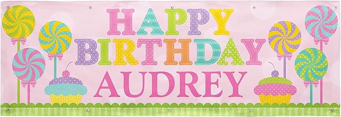 Let's Make Memories Personalized Pink Happy Birthday Banner for Kids - Custom Birthday Party Decorations - Indoor/Outdoor Vinyl - Any Name - Sweets Design - 10ft
