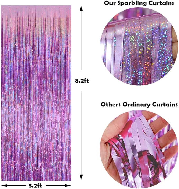 Easter Decorations for Home Melsan 3 Pack 3.2 x 8.2 ft Pinkish Purple Tinsel Fringe Curtain Backdrop, Sparkling Metallic Party Decorations for Girls Birthday, Bachelorette, Wedding, Photo Booth