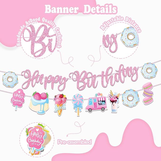 Sweets Birthday Party Decorations for Girls- Pastel Ice Cream Party Supplies, Donut Balloons Happy Birthday Banner Cupcake Topper Candy Theme Birthday for Baby Shower Wedding