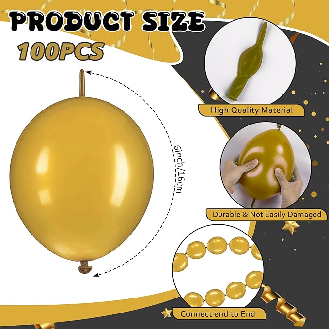 Link Balloons 6 Inch - 100 Pcs Quick Link Balloon Latex Linking Balloons Connected Linkable Balloon Birthday Wedding Party Decorations(Gold)
