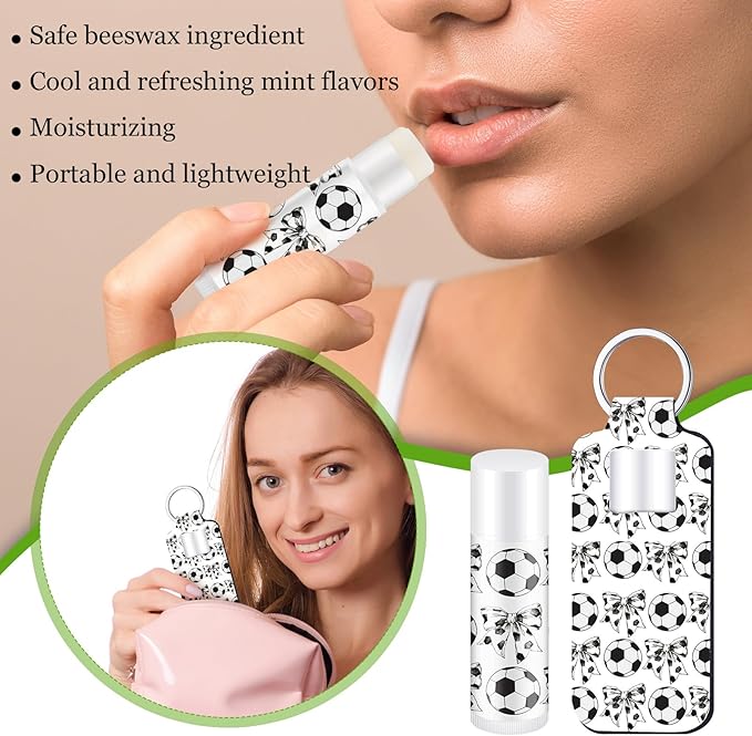 18 Sets Soccer Bow Party Favors Lip Balm and Lipstick Holder Keychain Bulk Sport Team Soccer Gifts Natural Moisturizing Lip Balm Keychains Pouch for Team Sports Party Supplies(White)