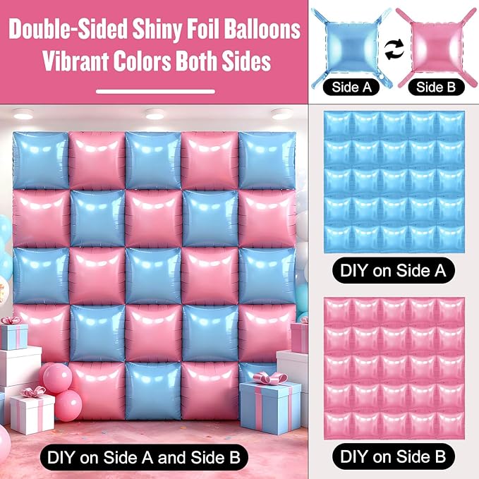 50Pcs Pink and Blue Square Foil Balloons Wall Backdrop, Double Sided Metallic Foil Balloons Tunnel Arch Garland Kit for Photo Booth Birthday Wedding Halloween Christmas Party Decorations