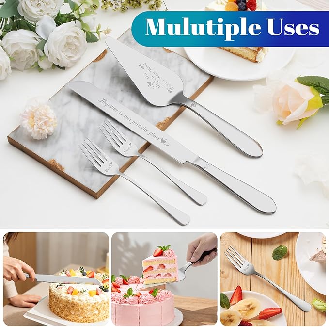 Cake Cutting Set for Wedding, Elegant Cake Knife and Server Set with Stainless Steel Forks, Cake Cutter and Pie Spatula for Couples Wedding Registry, Engagements, Anniversary, 4 Pcs, Silver