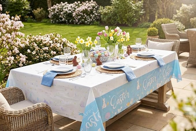 Party Dimensions Happy Easter Plastic Table Cover - White & Sky Blue Bunny & Egg Design, Disposable Tablecloths, 54" x 96" (12 Pack) - Perfect for Easter Parties, Brunches & Celebrations