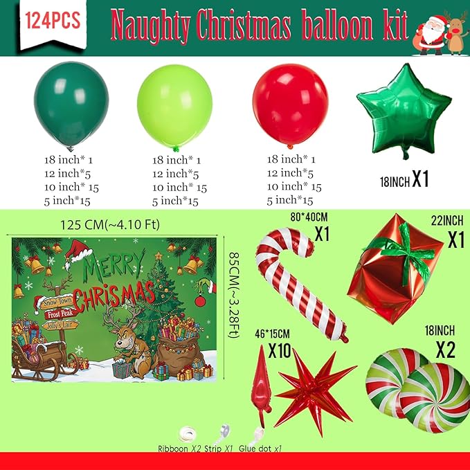 Christmas Balloon Garland Arch Kit with backdrop Xmas Red Green Balloons Candy Cane Gift Box Star Foil Balloons for Christmas New Year Birthday Party Decorations (Red Green)