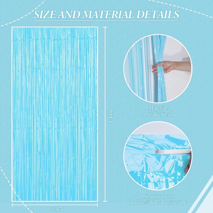 2 Pack Foil Fringe Backdrop - Pastel Light Blue Shiny Tinsel Curtains for Party Decoration/Photo Booth Props - 3.3x6.6 FT Metallic Foil Backdrop for Birthday, Wedding, Graduation, Christmas.