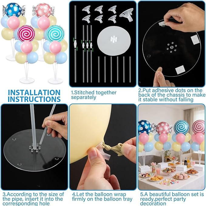 4 Sets Pastel Sweet Candy Theme Party Balloons Stand Kit with Lollipop Candies Foil Balloons Party Balloon Centerpiece for Tables for Candyland Birthday Party Candies Themed Decoration