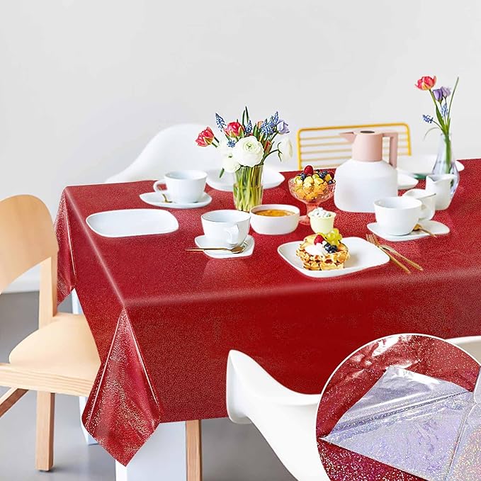 1 Pack Red Iridescent Plastic Tablecloth Disposable 54 × 108 Inch Glitter Holographic Foil Table Cloth Plastic Laser Rectangle Table Cover for Birthday Wedding Disco Party