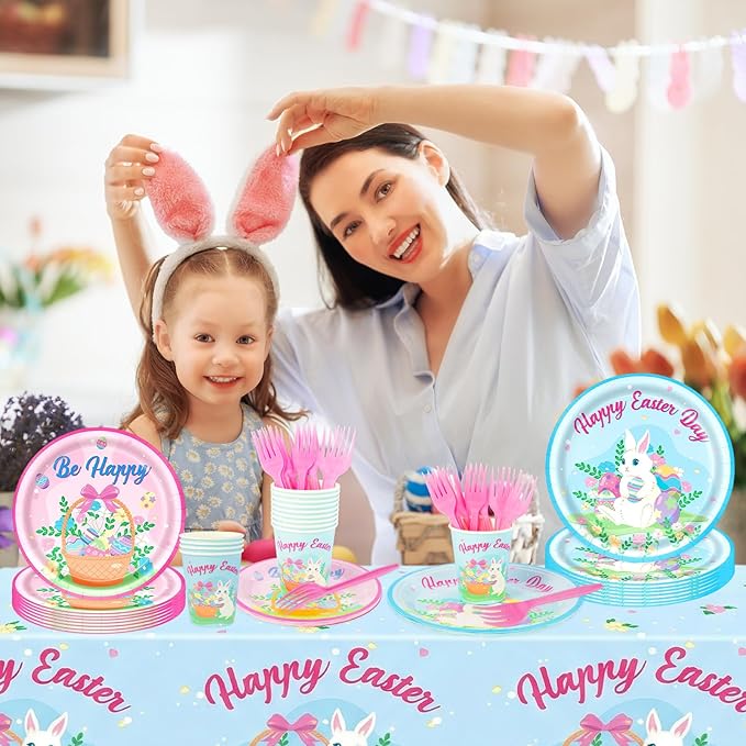 Easter Party Decorations Set, Bunny Easter Party Supplies with Banner, Plates, Napkins, Tablecloth, Cups and Forks, Pastel Easter Egg Theme Tableware Kit for 24 Guests