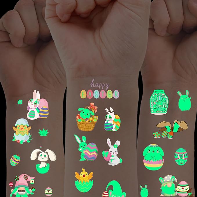 100 Pcs Easter Luminous Temporary Tattoos for Kids Easter Party Favors Supplies Easter Basket Stuffers
