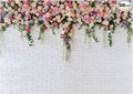 8X6FT White Brick with Flowers Backdrop Occasions Mother's Day Wedding Bridal Shower Birthday Party Banner Background Supplies DH-357