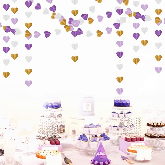 Purple-Gold Party-Decorations 3D Heart Garland - 39Ft White Purple Lavender Graduation Hanging Paper Streamers Banner, Women Birthday Wedding Engagement Baby Bridal Shower Decor Ouruola